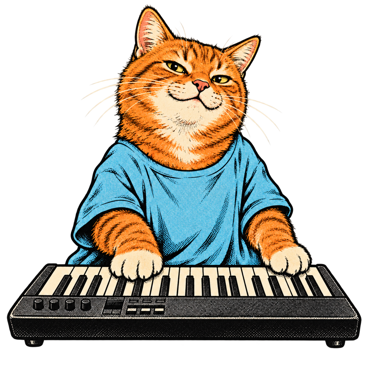 Orange keyboard cat in a blue T-shirt playing an electronic keyboard, illustrated in bold comic ink