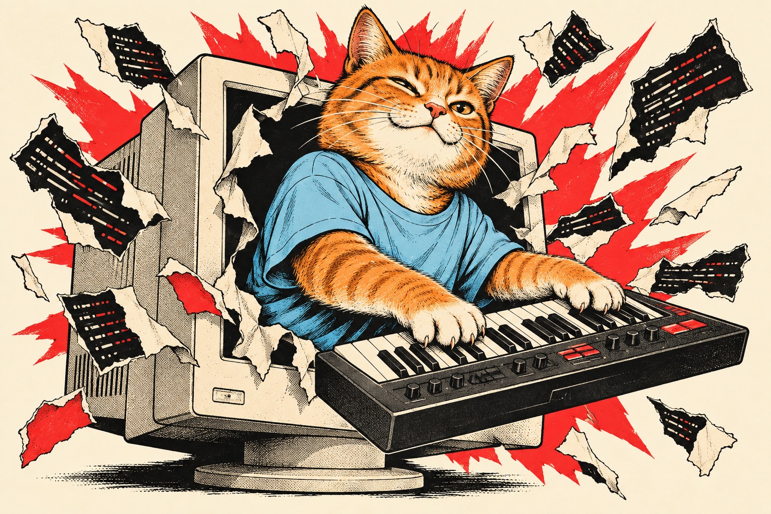 The keyboard cat escaping from a vintage computer in an original comic illustration